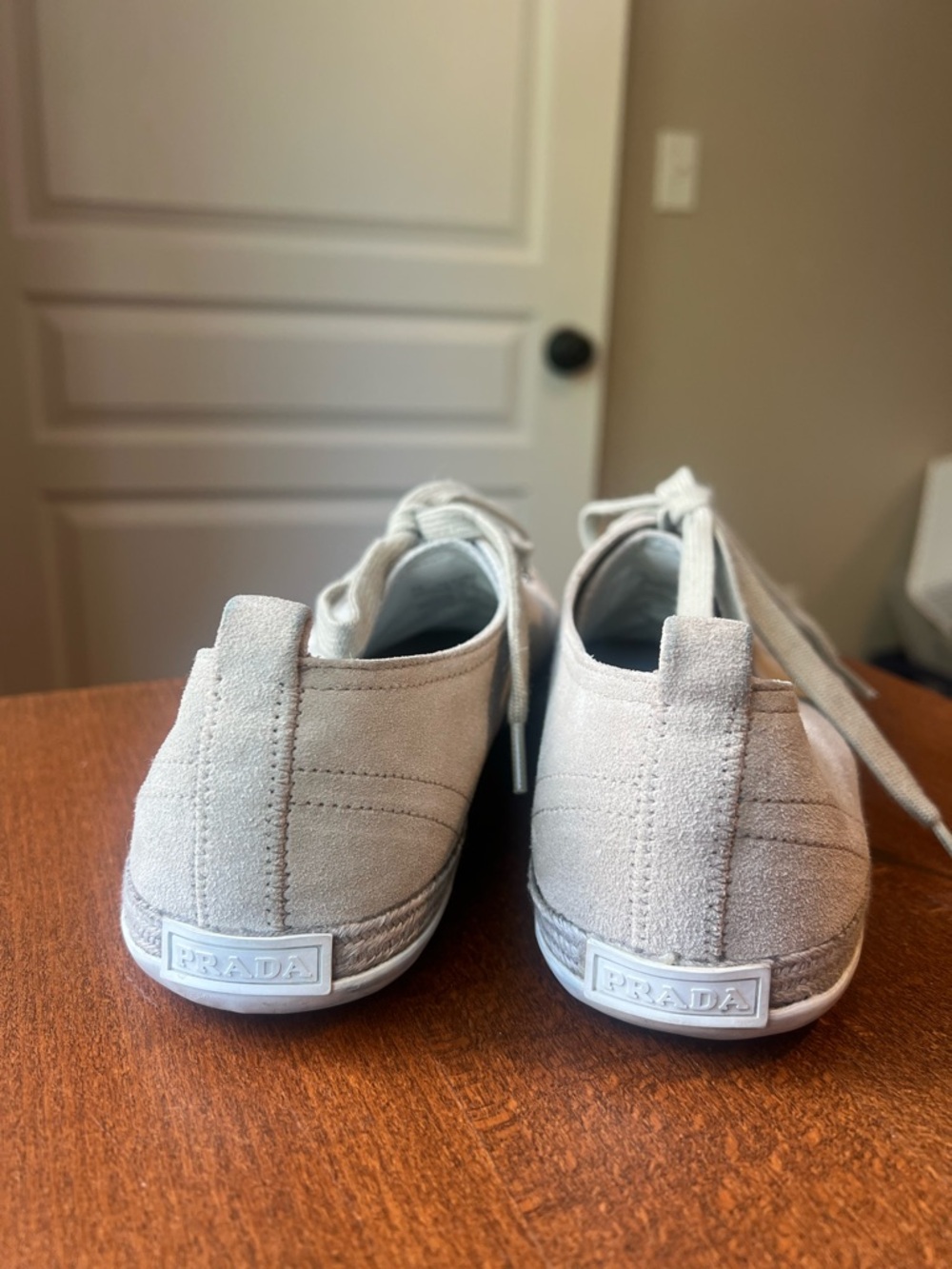 Prada Taupe Canvas Low-Top Sneakers with White Toecaps - Picture 3 of 4